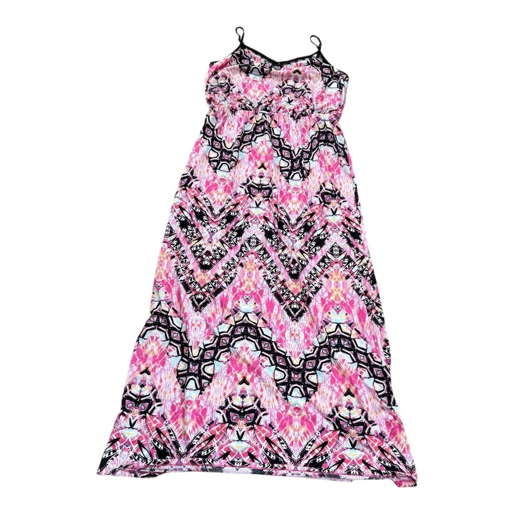 Boho No Boundaries Maxi Dress juniors XL Pink Geometric Tribal Print Caged Back